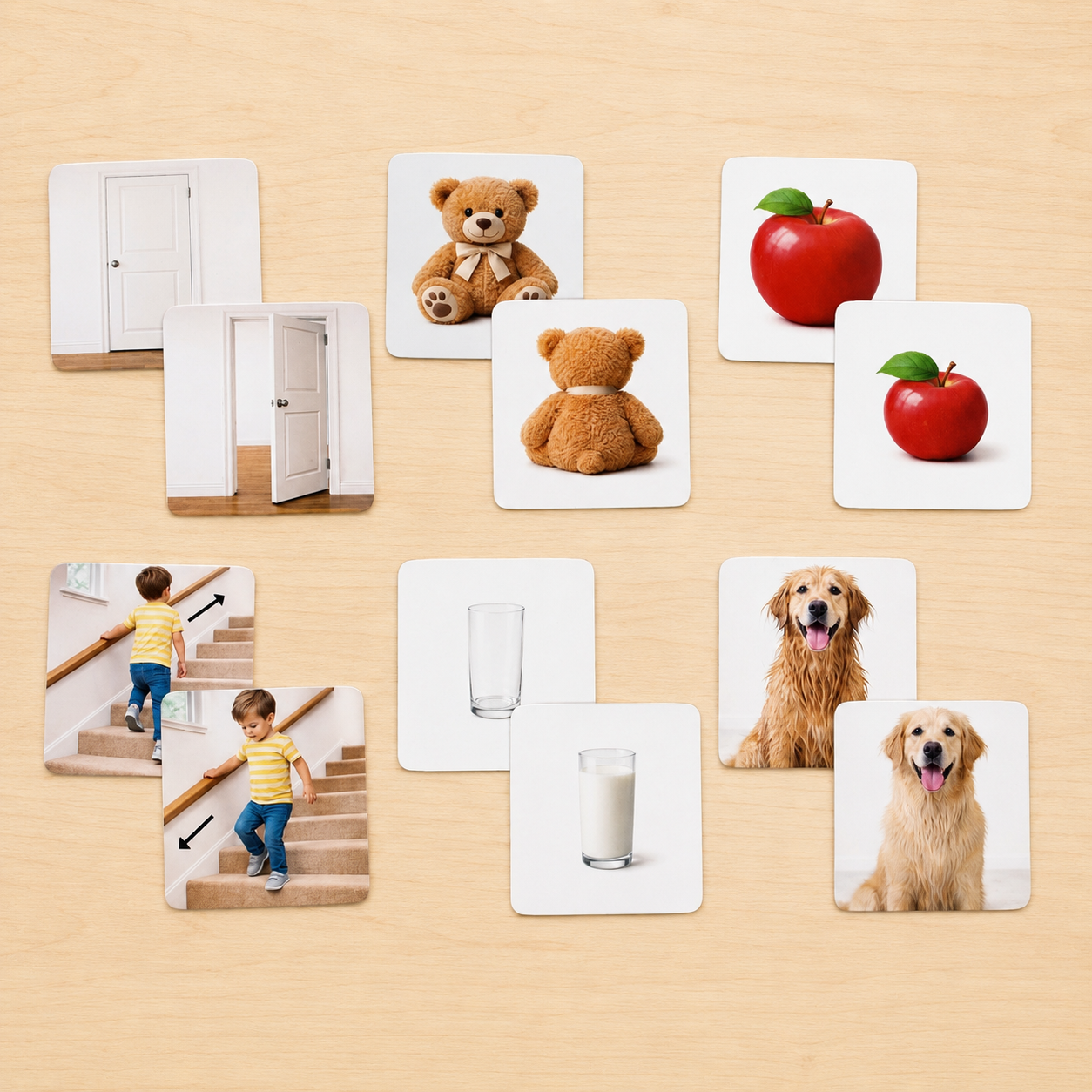 Montessori Opposites cards showing open and closed door big and small apple and wet and dry dog