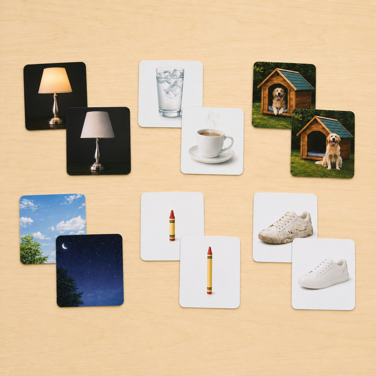 Montessori Opposites cards showing lamp on and off day and night and clean and dirty shoes