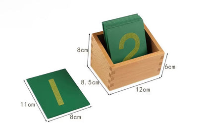 Montessori Sandpaper Numbers with wooden box showing size dimensions of cards and storage container.