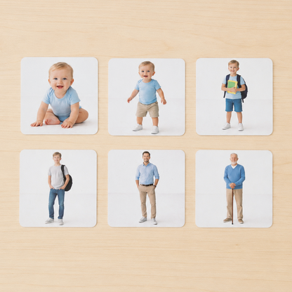 Montessori Human Life Sequence cards showing baby toddler child teenager adult and elderly stages