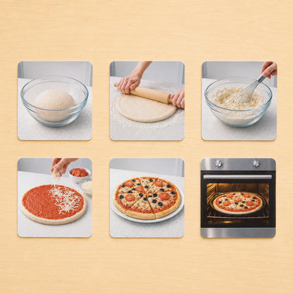 Montessori Pizza Making sequence cards showing dough rolling sauce toppings and baked pizza steps