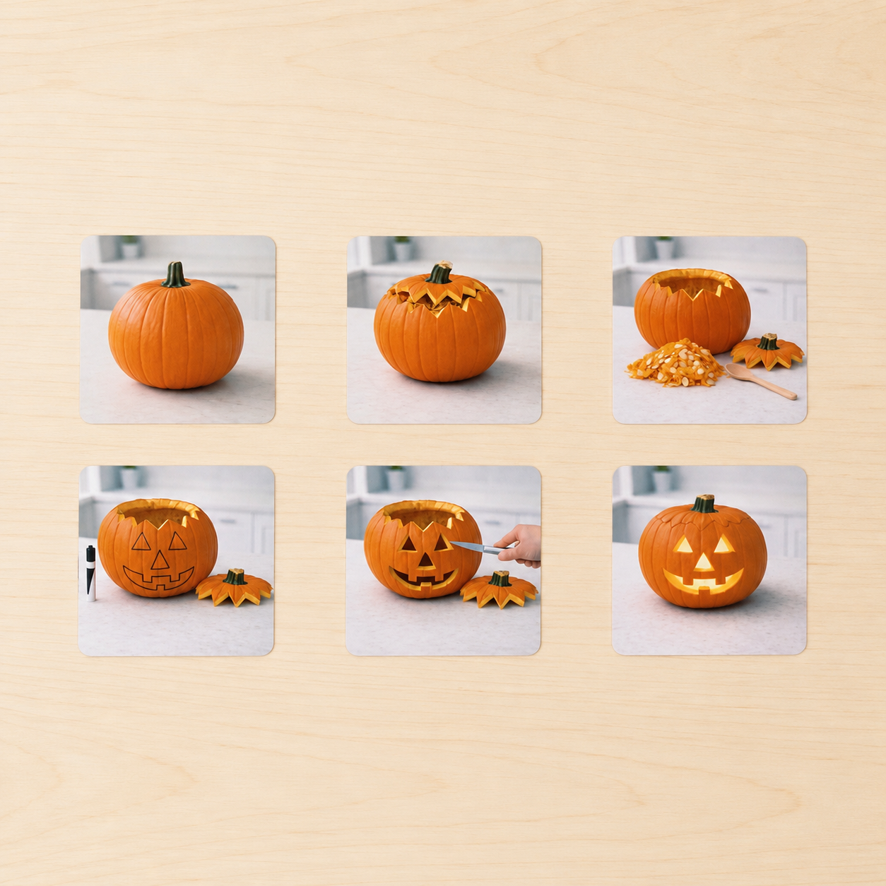 Montessori Pumpkin Carving sequence cards showing whole pumpkin cutting scooping and lit jack-o-lantern steps