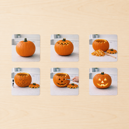 Montessori Pumpkin Carving sequence cards showing whole pumpkin cutting scooping and lit jack-o-lantern steps