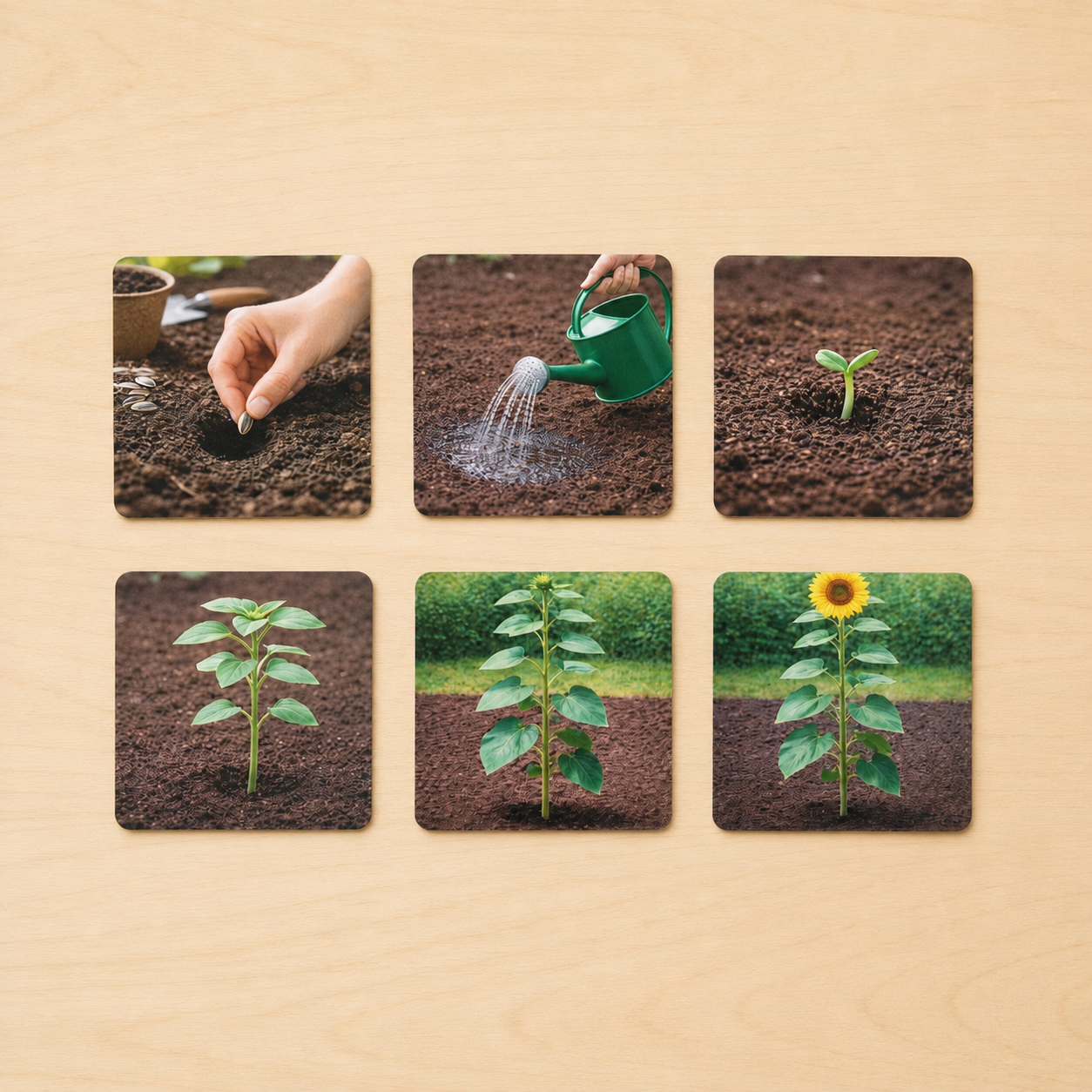 Montessori Sunflower Growing sequence cards showing planting watering sprouting and blooming sunflower steps