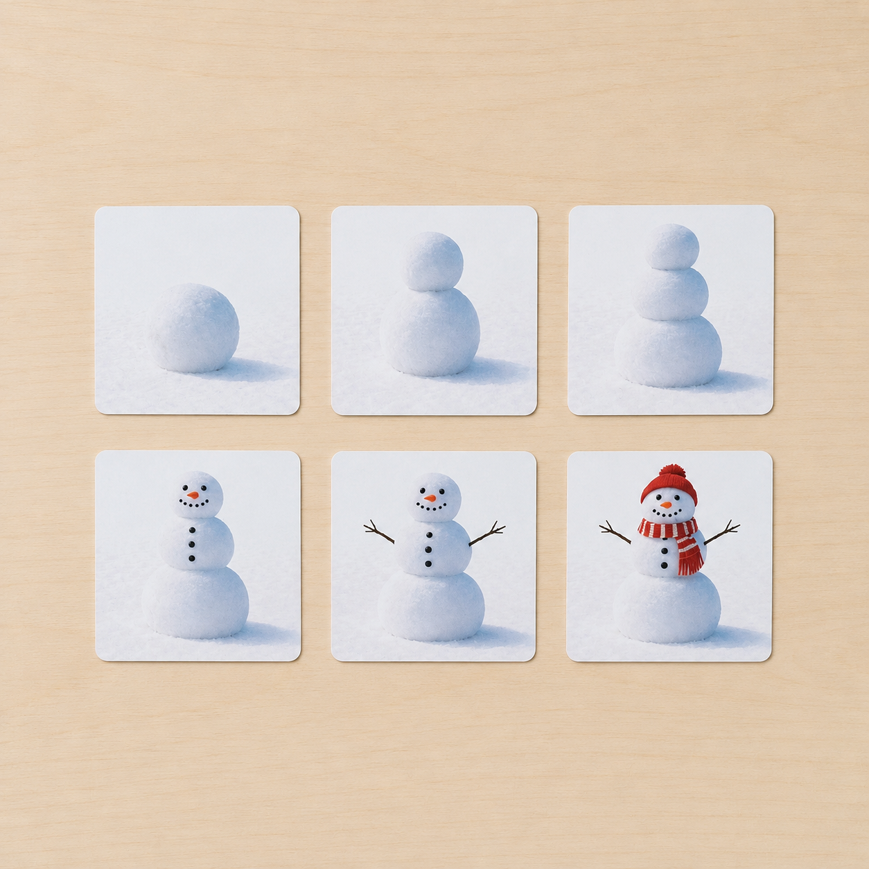 Montessori Snowman Building sequence cards showing snowballs stacking and completed snowman steps