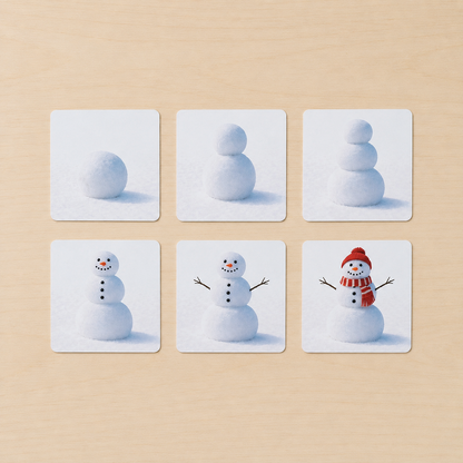 Montessori Snowman Building sequence cards showing snowballs stacking and completed snowman steps