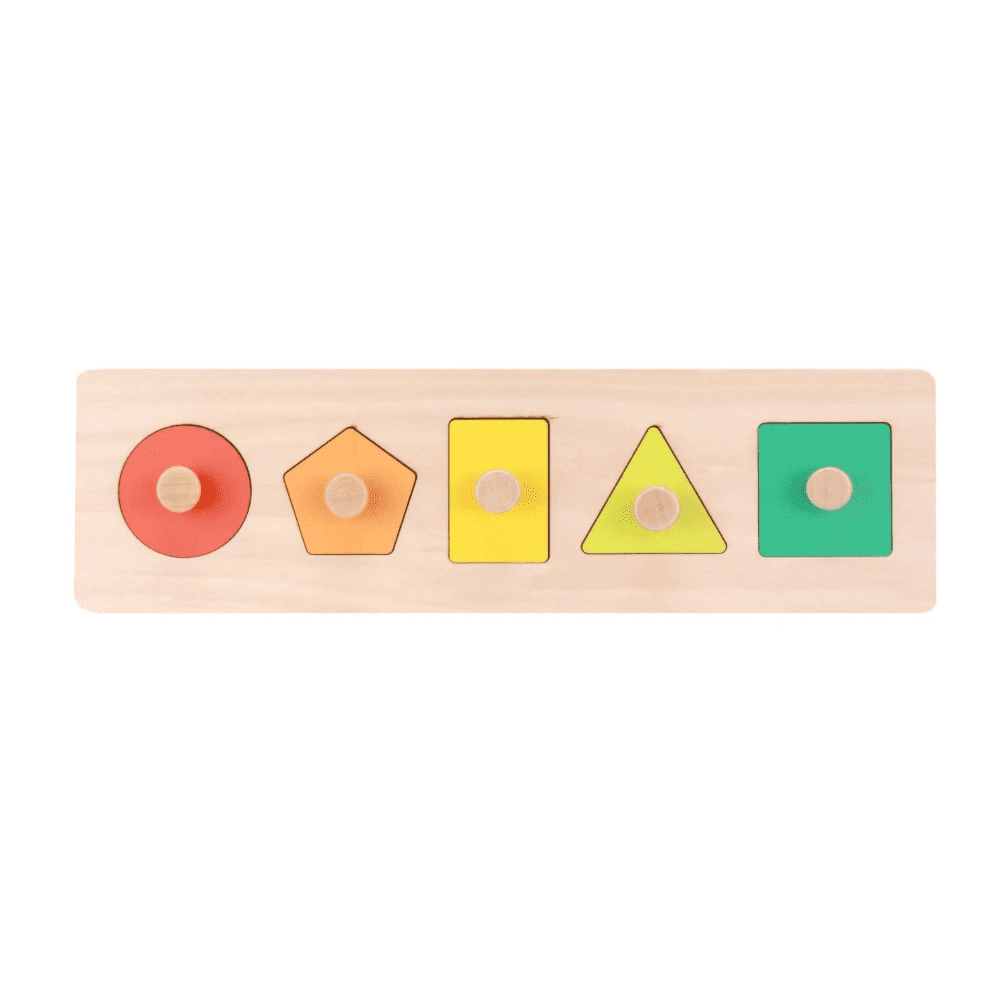 Montessori wooden shape peg puzzle with circle pentagon square triangle and rectangle for toddler shape recognition and motor control