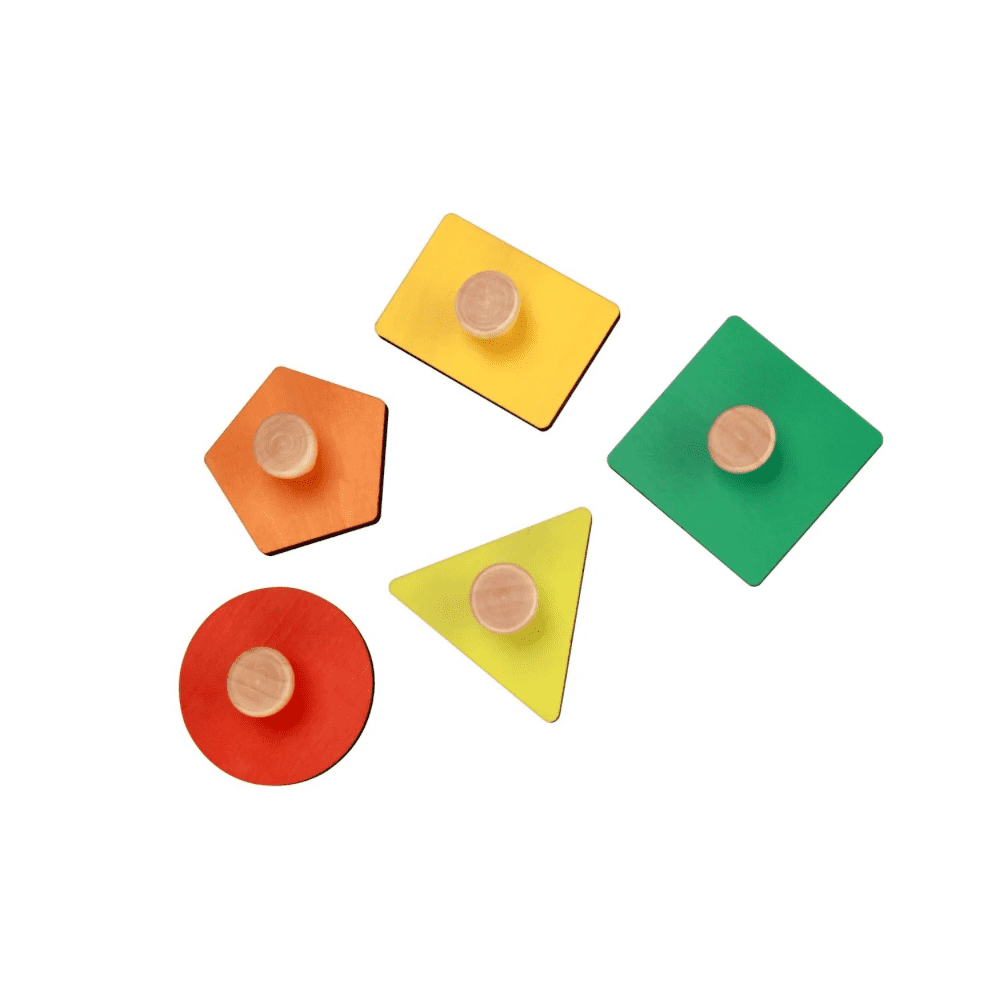 Montessori geometric shape peg puzzle pieces with wooden knobs for toddler fine motor coordination