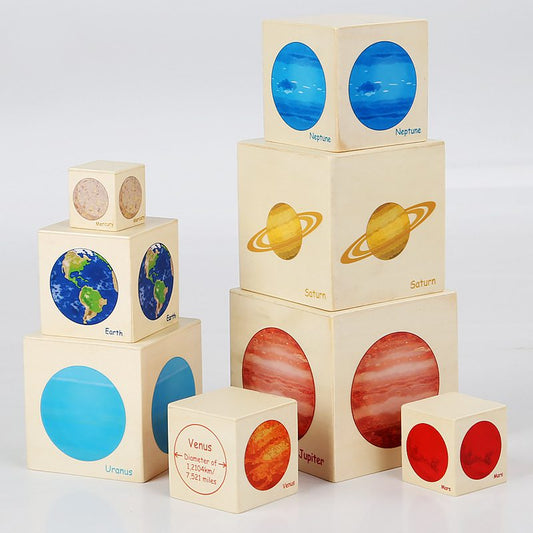 Solar system stacking cubes showing all planets with illustrated surfaces designed for early astronomy and size comparison learning