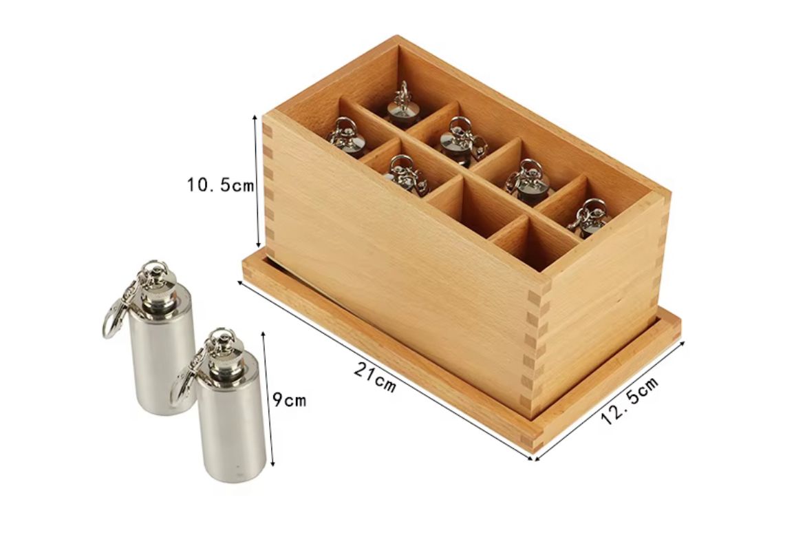 Dimension chart of Montessori Thermic Bottles and wooden box showing measurements for the full set.