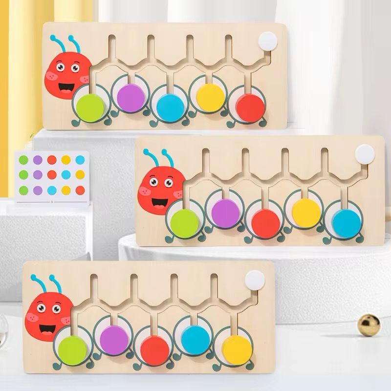 Wooden Caterpillar Color Matching Puzzle – Montessori Color Sorting Activity with Control Cards