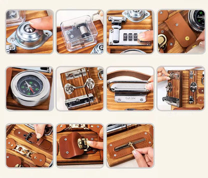Wooden Busy Board with Musical Box, Compass and Latches - Fine Motor and Practical Life Learning Material