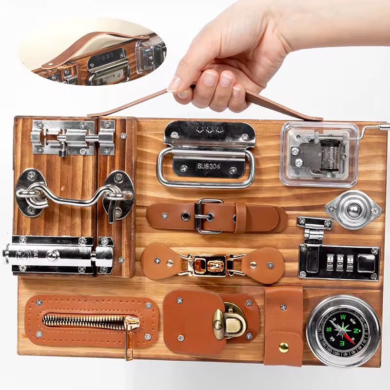 Wooden Busy Board with Musical Box, Compass and Latches - Fine Motor and Practical Life Learning Material