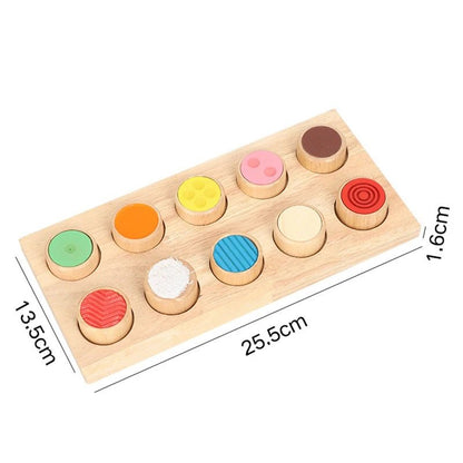 Dimensions of the wooden Montessori touch and match board with ten textured cylinders shown on a measurement layout.