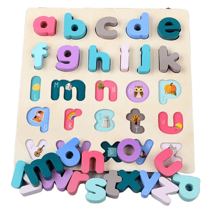 Wooden alphabet puzzle board with colorful lowercase letters and picture clues for each letter.