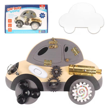 Wooden car busy board toy with packaging and interactive learning accessories