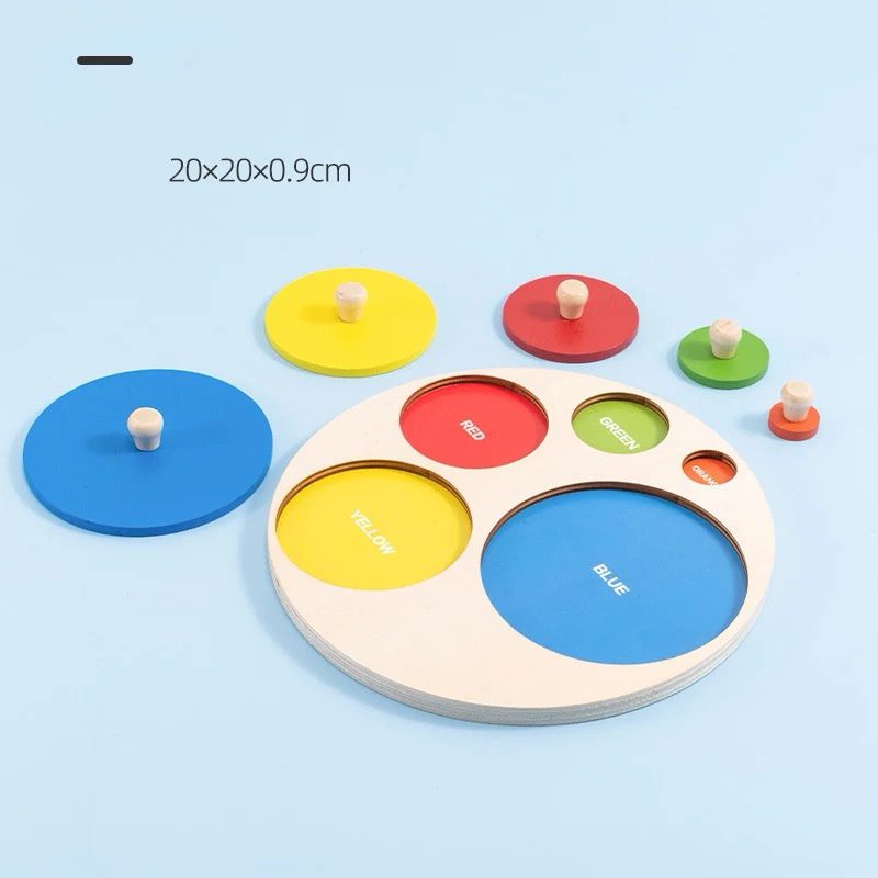 Montessori wooden circles peg puzzle showing full board dimensions and graduated circle sizes for toddler motor skill development