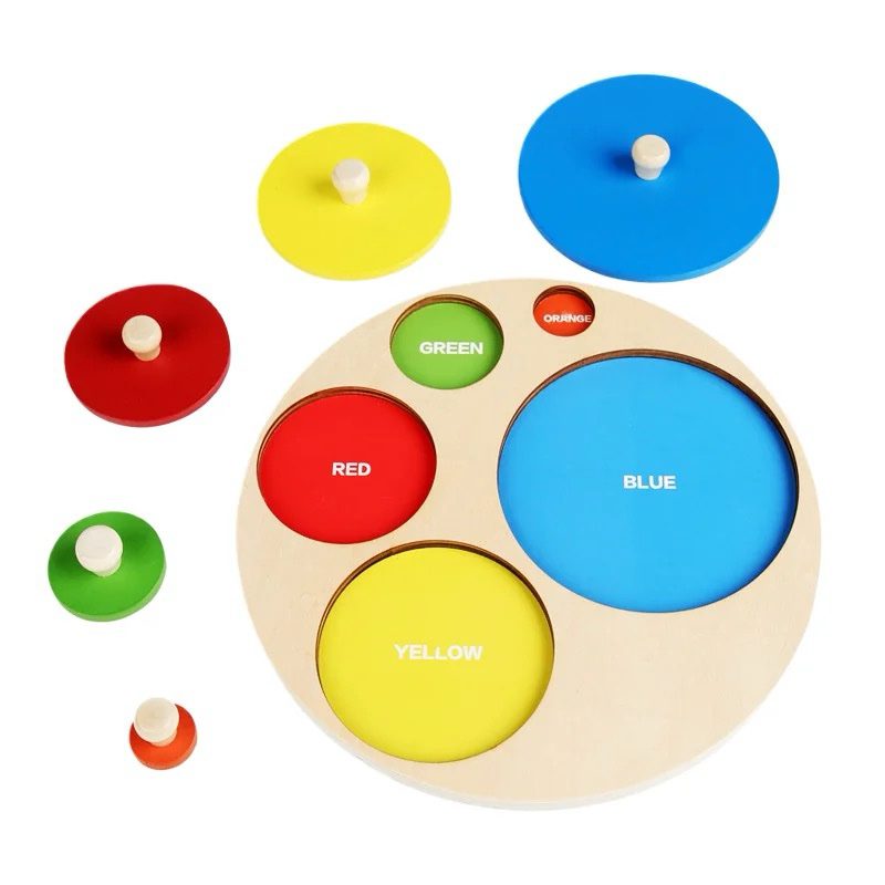Montessori wooden circles size sorting puzzle with removable color coded discs for toddler visual discrimination and hand control