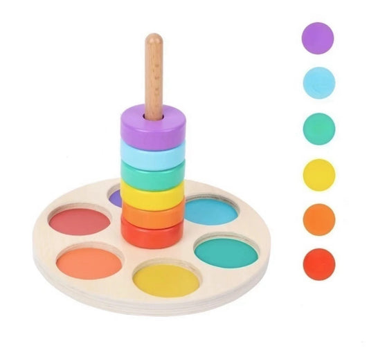 Wooden color sorting and stacking toy with rainbow rings and vertical peg for toddlers fine motor development