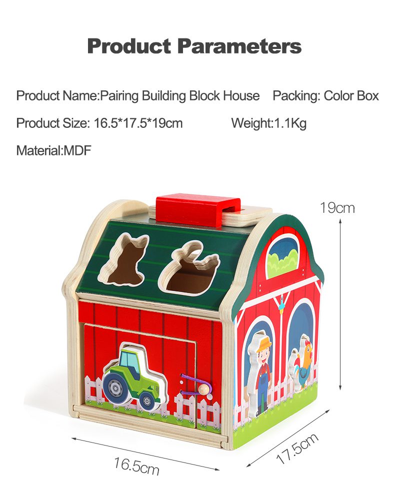 Wooden farm pairing building block house for color and shape recognition