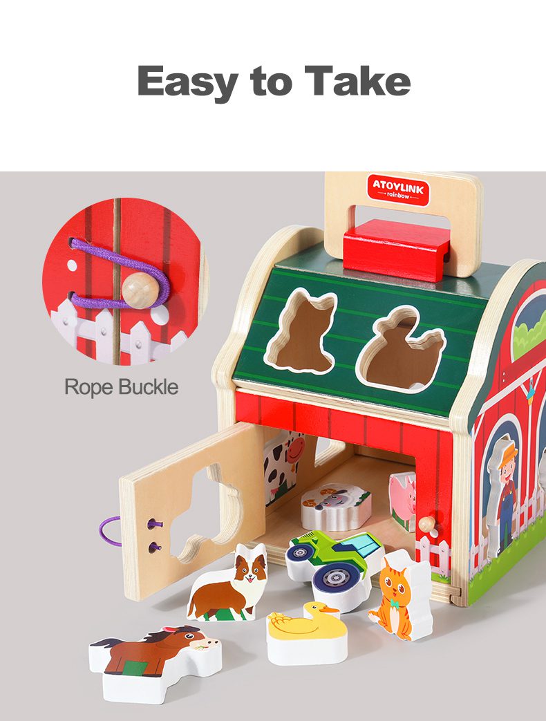 Wooden farm toy carry handle design for easy portability by toddlers