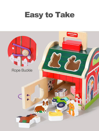 Wooden farm toy carry handle design for easy portability by toddlers