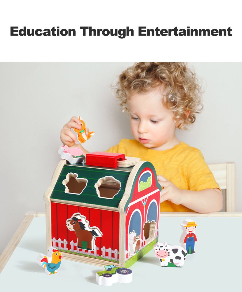 Smooth rounded edges of wooden farm toy ensuring safety for toddlers