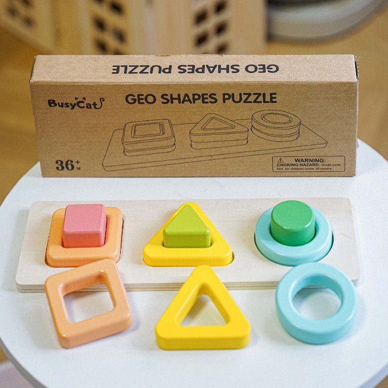 Wooden geo shapes puzzle 3D shape sorting toy for toddlers with square, triangle and circle pieces for early learning and fine motor skill development