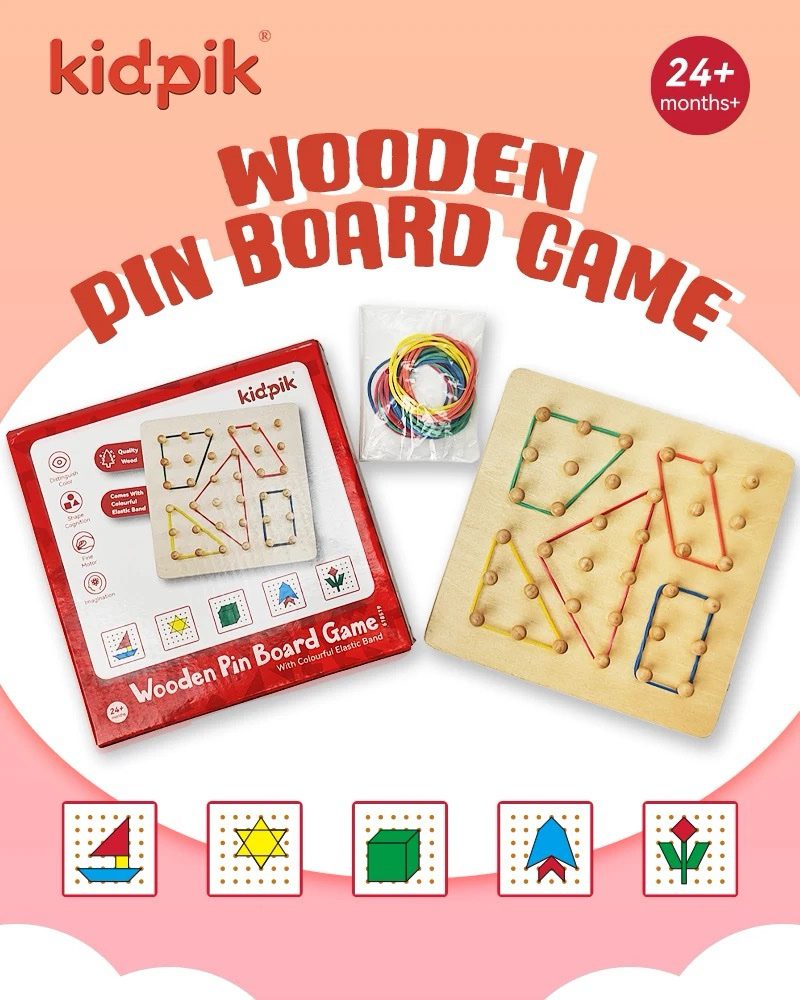 Wooden geoboard set with elastic bands and pattern cards for children to create shapes and practice fine motor skills.