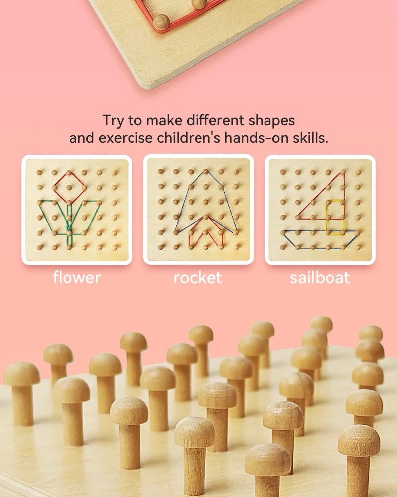 Wooden geoboard showing sample designs like flower, rocket, and sailboat made using colorful elastic bands.
