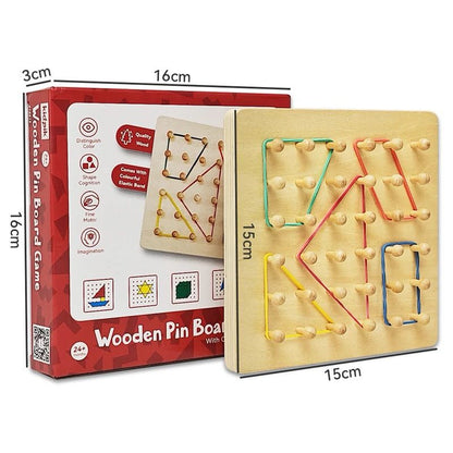 Wooden geoboard with product box showing dimensions and colorful elastic band patterns for shape-building activities.