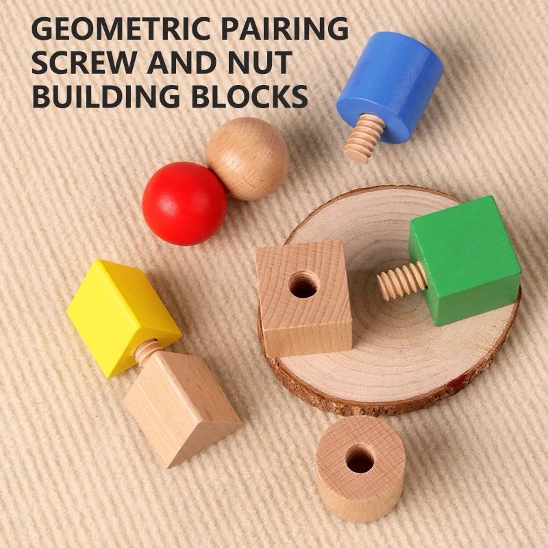Wooden geometric screw and nut set with colorful shape pairing pieces for toddler fine motor skill development
