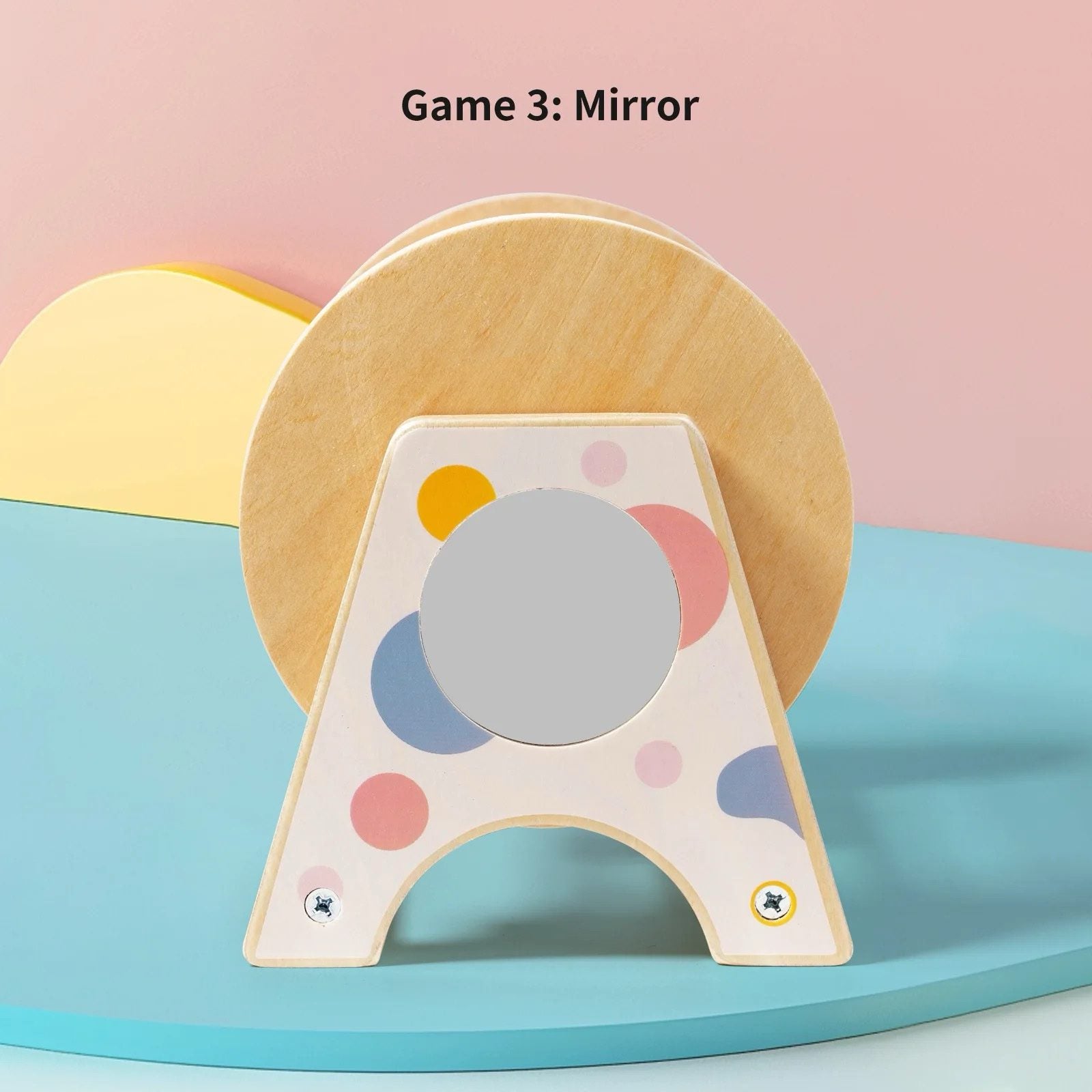 Wooden mirror panel on 3-in-1 sensory spinning drum toy for infant visual development and self-recognition