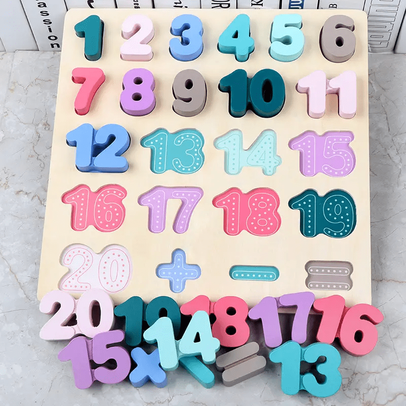 A wooden number puzzle board featuring colorful numbers 1 to 20 and math operation symbols, with removable chunky pieces for hands-on counting and early math learning.