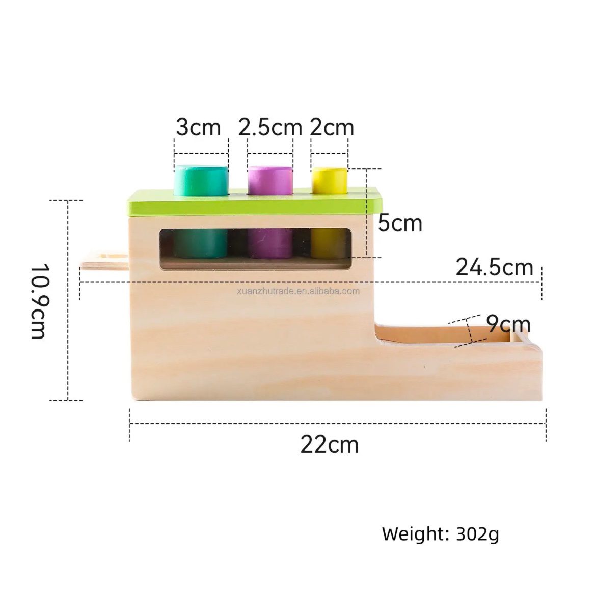 Wooden peg drop box with size dimensions and weight for toddler learning toy