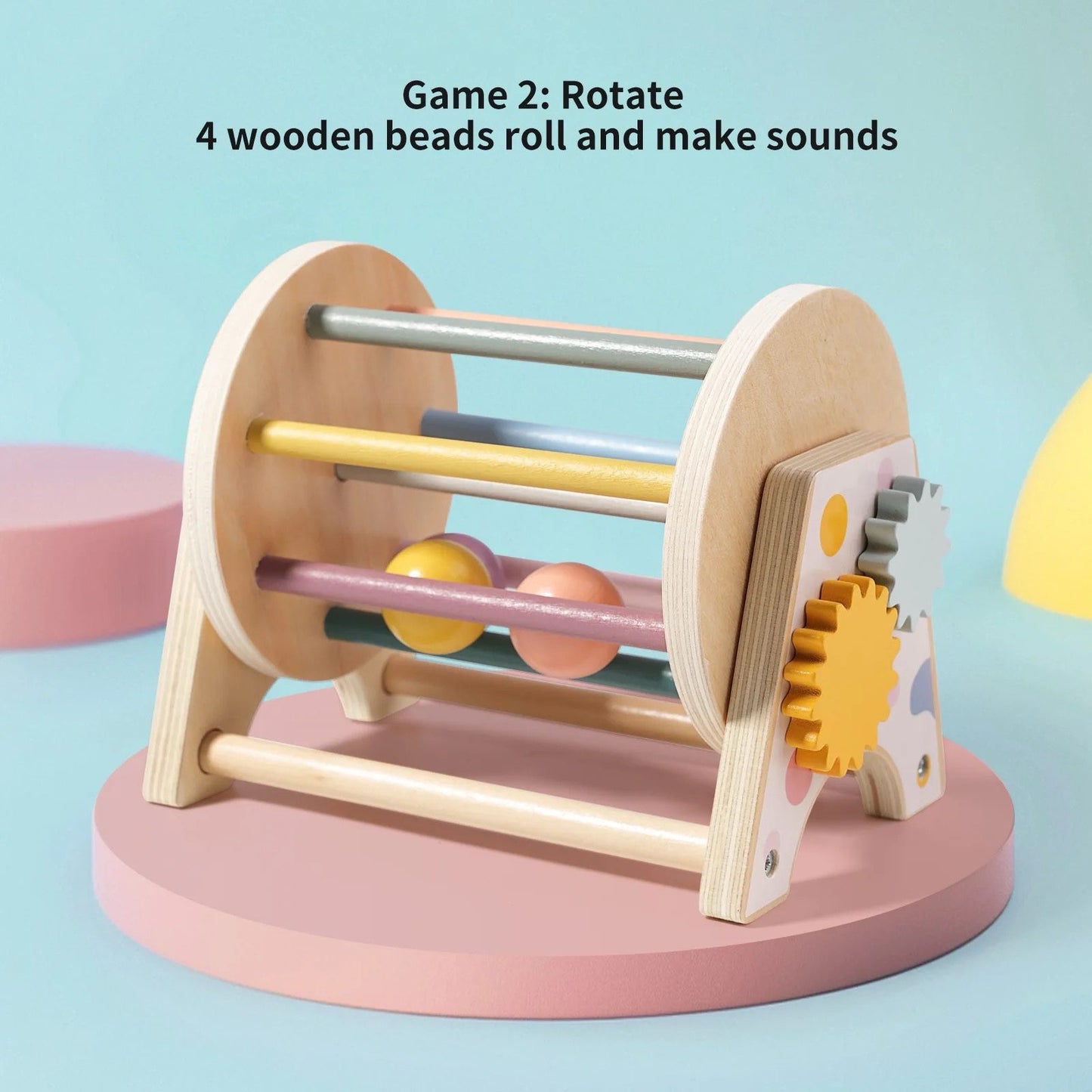 Wooden rotating bead spinning drum Montessori toy that makes sound and improves hand-eye coordination
