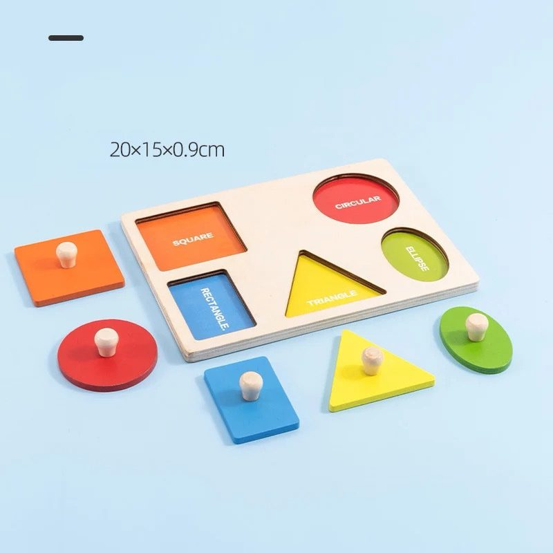 Montessori wooden geometric peg puzzle with all colorful shape pieces removed for visual discrimination activity