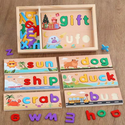 Wooden spelling puzzle set showing various word boards such as gift, ufo, sun, ship, duck, and bus with colorful letters