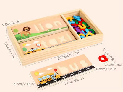 Size chart of wooden spelling puzzle set showing storage box dimensions and word board measurements with colorful letters