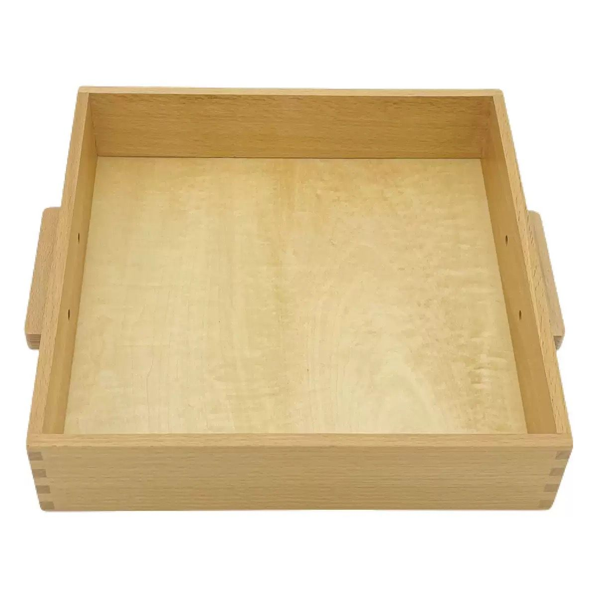 Empty square wooden Montessori activity tray with side handles and smooth natural wood finish on a plain background.