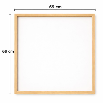Empty wooden square frame board with dimensions marked as 69 cm by 69 cm.