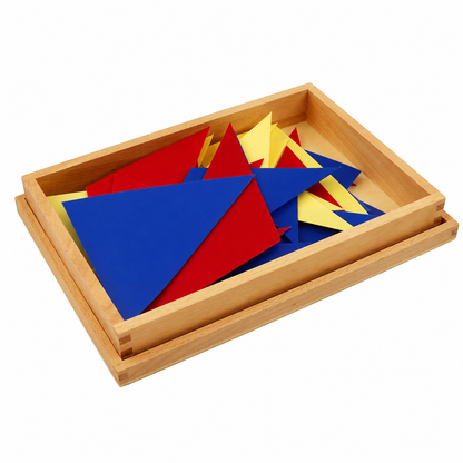 Wooden tray filled with colorful red, blue, and yellow triangular puzzle pieces on a white background.