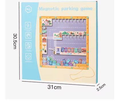 Back view of alphabet magnetic maze board with storage and child safe design