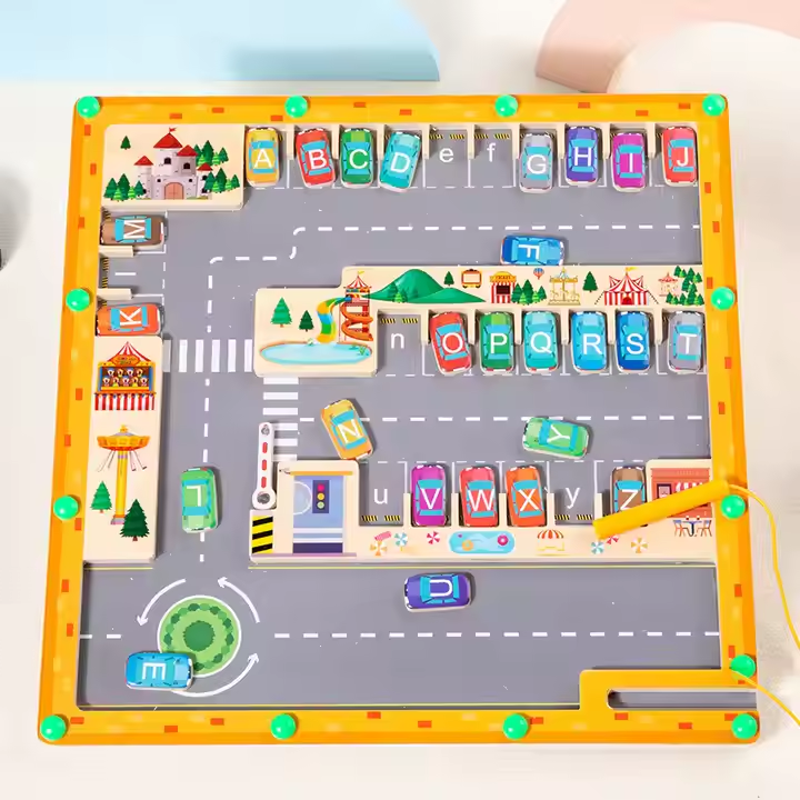 Close up of magnetic car pieces and alphabet letters on learning maze board