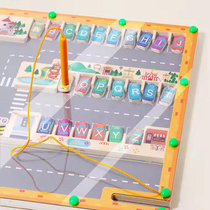 Alphabet magnetic maze learning board showing literacy and fine motor skill development