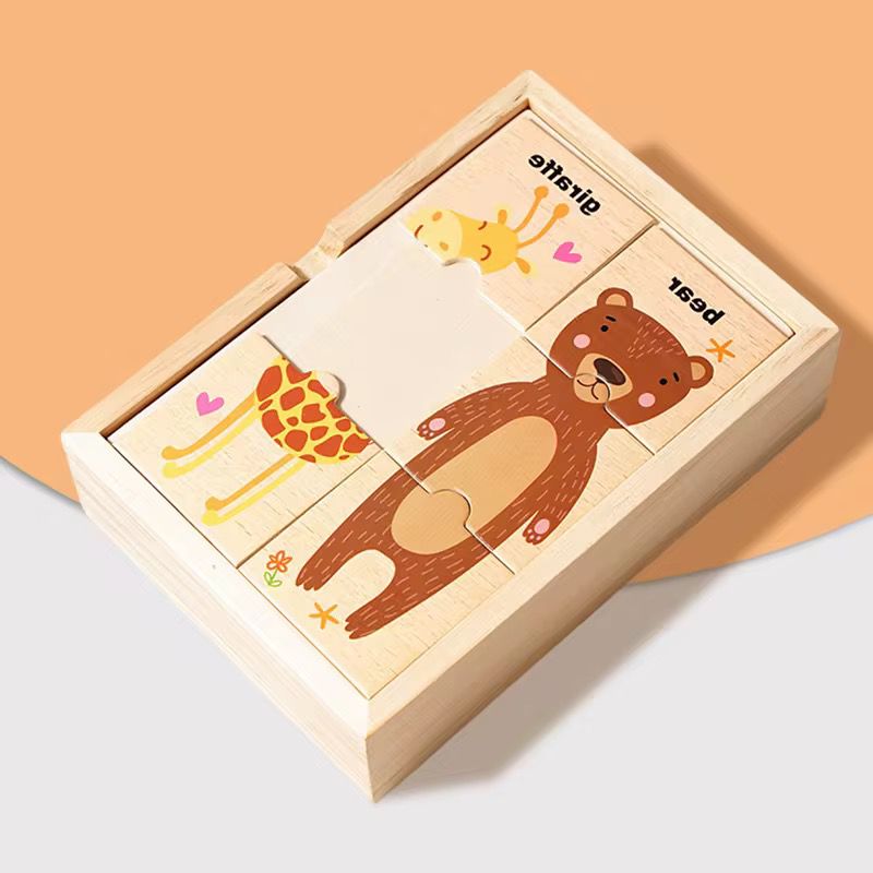 Close-up of wooden animal matching puzzle board showing smooth finish and child-safe design