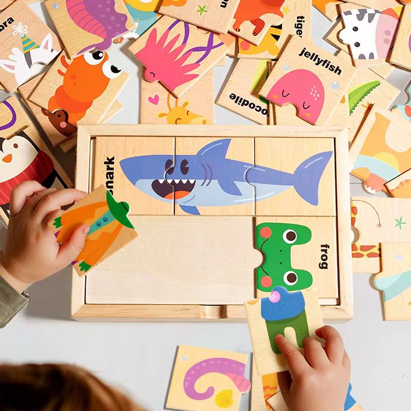 Children playing with animal matching wooden puzzle to develop cognitive and motor skills
