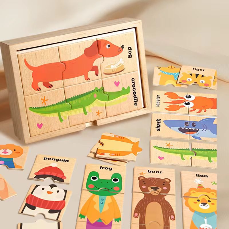 Animal matching puzzle set with 3-piece wooden puzzles for kids educational learning toy