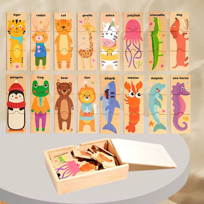 Wooden animal matching puzzle pieces with colorful illustrations for toddlers