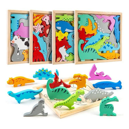 4-in-1 Wooden Animal Puzzles - Farm, Ocean, Dino and Wild Themes | Fine Motor and Cognitive Skill Builder